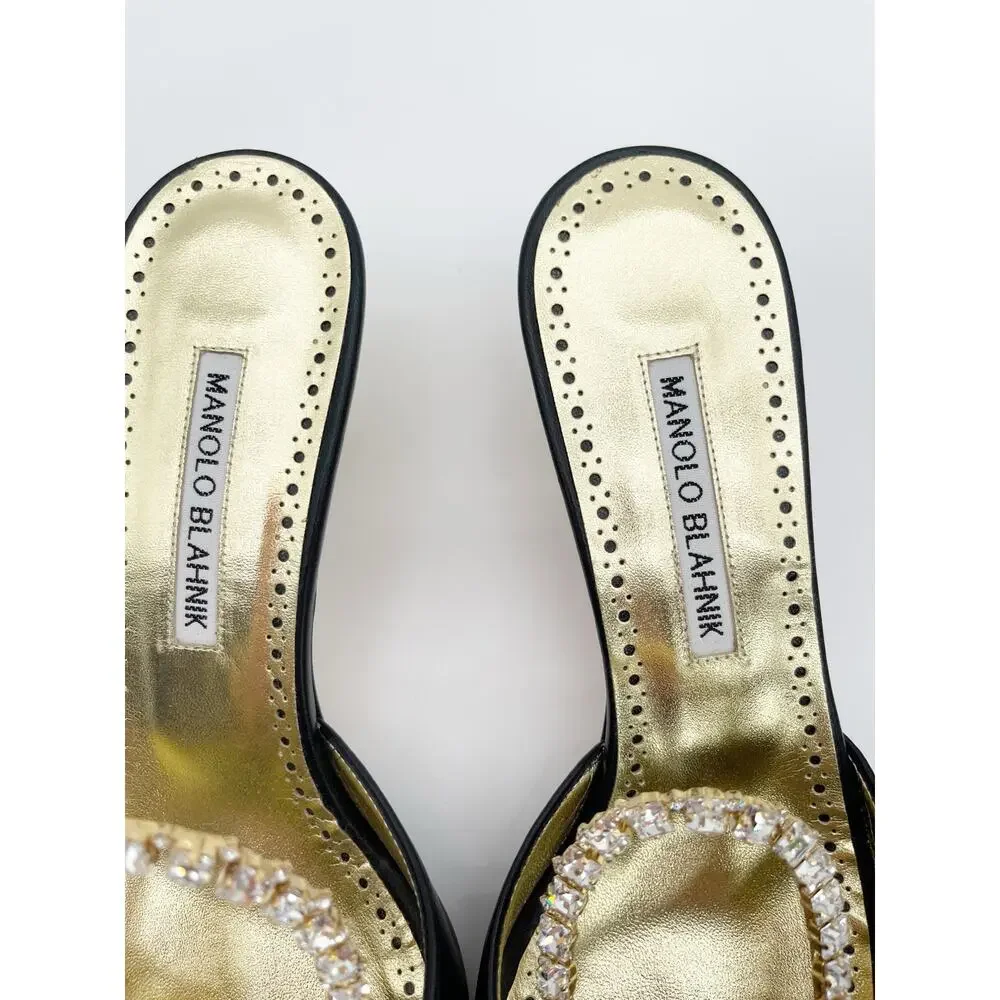 Manolo Blahnik Astria Black Gold Leather Crystal Ring Slide Mule Sandals IT 39